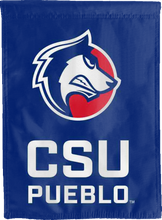 Load image into Gallery viewer, blue double sided house flag with csu pueblo logo for man cave decor