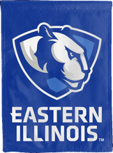 Load image into Gallery viewer, double sided house flag with eastern illinois logo hung for man cave decor