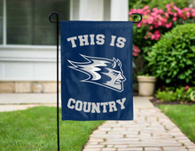 Load image into Gallery viewer, blue garden flag with this is university of wisconsin stout blue devils country logo for yard decor
