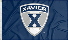 Load image into Gallery viewer, blue xavier university flag with shield logo for college dorm decor
