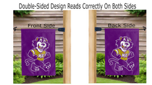 Load image into Gallery viewer, bogey the bearcat logo reading correctly on both sides of purple mckendree university double sided garden flag