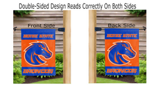 Load image into Gallery viewer, boise state broncos logo reading correctly on both sides of blue and orange double sided garden flag