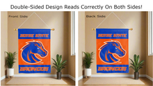 Load image into Gallery viewer, boise state broncos logo reading correctly on both sides of blue and orange double sided house flag