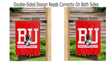 Load image into Gallery viewer, boston university logo reading correctly on both sides of red double sided garden flag