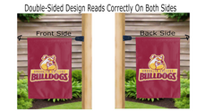 Load image into Gallery viewer, brooklyn college bulldogs logo reading correctly on both sides of maroon double sided garden flag