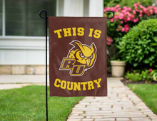 Load image into Gallery viewer, brown double sided garden flag with this is rowan university country logo for yard decor