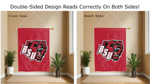 Load image into Gallery viewer, bsu logo reading correctly on both sides of red bridgewater state university double sided house flag