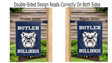 Load image into Gallery viewer, butler bulldogs logo reading correctly on both sides of blue double sided garden flag