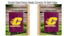 Load image into Gallery viewer, c logo reading correctly on both sides of maroon double sided garden flag