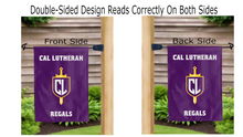 Load image into Gallery viewer, cal lutheran regals logo reading correctly on both sides of purple double sided garden flag