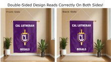 Load image into Gallery viewer, cal lutheran regals logo reading correctly on both sides of purple double sided house flag