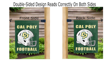 Load image into Gallery viewer, cal poly football logo reading correctly on both sides of green double sided garden flag