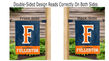 Load image into Gallery viewer, cal state fullerton logo reading correctly on both sides of blue and orange double sided garden flag