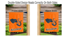 Load image into Gallery viewer, cal state fullerton tuffy the titan logo reading correctly on both sides of orange double sided garden flag