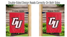 Load image into Gallery viewer, caldwell cu logo reading correctly on both sides of red double sided garden flag