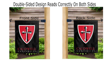 Load image into Gallery viewer, caldwell university shield logo reading correctly on both sides of black double sided garden flag
