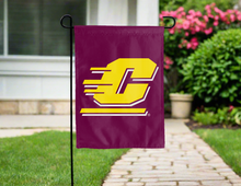 Load image into Gallery viewer, central michigan garden flag with C logo hung outside for yard decor
