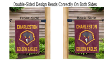 Load image into Gallery viewer, charleston golden eagles logo reading correctly on both sides of maroon double sided garden flag