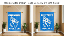 Load image into Gallery viewer, cheyney wolves logo reading correctly on both sides of blue double sided house flag