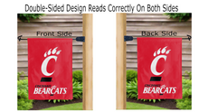 Load image into Gallery viewer, cincinnati bearcats logo reading correctly on both sides of red double sided garden flag