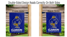 Load image into Gallery viewer, clarion golden eagles logo reading correctly on both sides of blue double sided garden flag