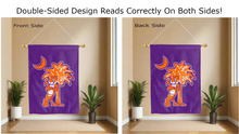 Load image into Gallery viewer, clemson palmetto tree logo reading correctly on both sides of purple double sided house flag