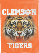 Load image into Gallery viewer, orange clemson university double sided house flag with realistic tiger face logo for college dorm decor