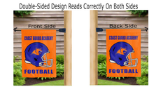 Load image into Gallery viewer, coast guard academy football logo reading correctly on both sides of orange double sided garden flag