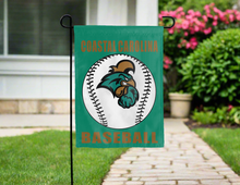 Load image into Gallery viewer, teal coastal carolina baseball garden flag hung outside for yard decor