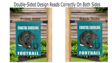 Load image into Gallery viewer, coastal carolina football logo reading correctly on both sides of teal double sided garden flag
