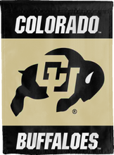 Load image into Gallery viewer, black and gold colorado buffaloes double sided house flag for college dorm decor