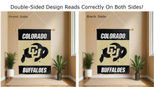 Load image into Gallery viewer, colorado buffaloes logo reading correctly on both sides of black and gold double sided house flag