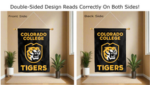 Load image into Gallery viewer, colorado college tigers logo reading correctly on both sides of black double sided house flag