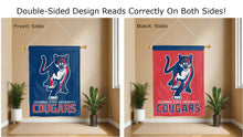 Load image into Gallery viewer, columbus state university cougars logo reading correctly on both sides of blue and red double sided house flag