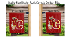 Load image into Gallery viewer, concordia unviersity chicago mascot logo reading correctly on both sides of red double sided garden flag