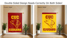 Load image into Gallery viewer, cuc cougars logo reading correctly on both sides of red and gold double sided house flag