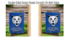 Load image into Gallery viewer, daemen university logo reading correctly on both sides of blue double sided garden flag