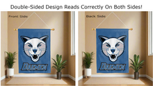 Load image into Gallery viewer, daemen university logo reading correctly on both sides of blue double sided house flag
