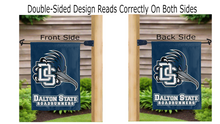 Load image into Gallery viewer, dalton state roadrunners logo reading correctly on both sides of blue double sided garden flag