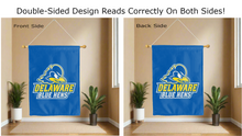 Load image into Gallery viewer, delaware blue hens logo reading correctly on both sides of blue double sided house flag
