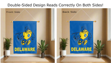 Load image into Gallery viewer, delaware youdee hen mascot logo reading correctly on both sides of blue double sided house flag