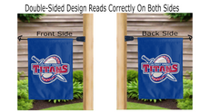 Load image into Gallery viewer, detroit mercy titans shield logo reading correctly on both sides of blue double sided garden flag