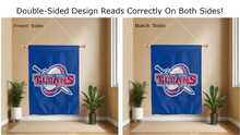 Load image into Gallery viewer, detroit mercy titans shield logo reading correctly on both sides of blue double sided house flag