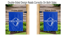 Load image into Gallery viewer, diplomats logo reading correctly on both sides of blue franklin & marshall college double sided garden flag