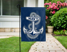 Load image into Gallery viewer, garden flag with Naval Academy anchor logo hung for yard decor