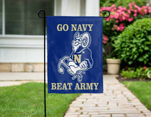 Load image into Gallery viewer, blue double sided garden flag with go navy beat army logo for yard decor