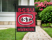 Load image into Gallery viewer, double sided garden flag with scsu huskies logo hung for yard decor