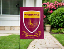 Load image into Gallery viewer, double sided garden flag with warhawks shield and talons out logo