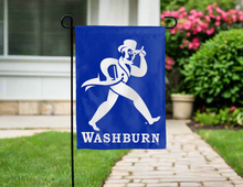 Load image into Gallery viewer, blue double sided garden flag with washburn ichabod mascot logo