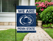 Load image into Gallery viewer, double sided garden flag with we are penn state logo hung for yard decor